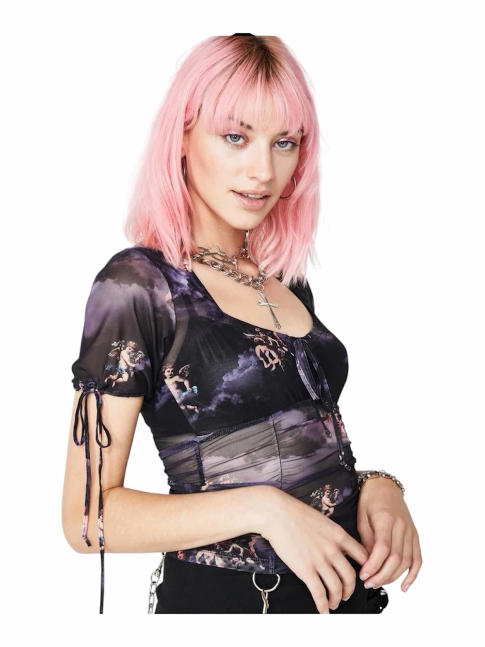 Dolls Kill Motel Rocks Mesh Top | Cherub Print Sheer Ruched Top | Size S